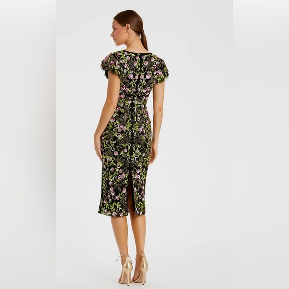 Black Floral Embellished Flutter Cap Sleeve Dress - Picture 9 of 9
